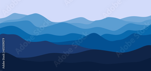 Vector landscape with blue mountains silhouettes. Natural landscape horizontal scene with hills, mountains, blue sky, panoramic view. Vector illustration