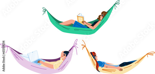 hammock resting vector. summer person, holiday leisure, relax happy, lifestyle lying, carefree rest hammock resting character. people flat cartoon illustration
