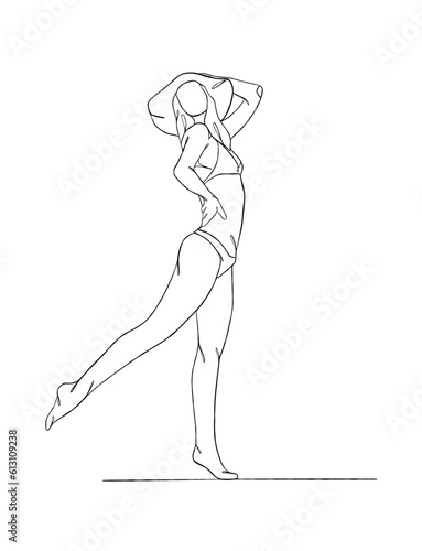 Continuous one line drawing of beautiful girl in swimsuit illustration. Vector illustration.