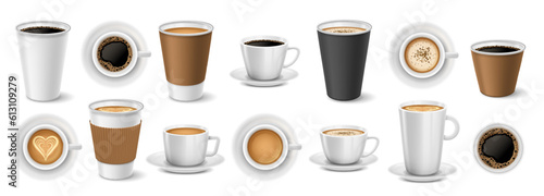 Realistic coffee to go cups. Coffee shop paper and ceramic cup mockups, takeaway cappuccino, latte and espresso 3D vector illustration set