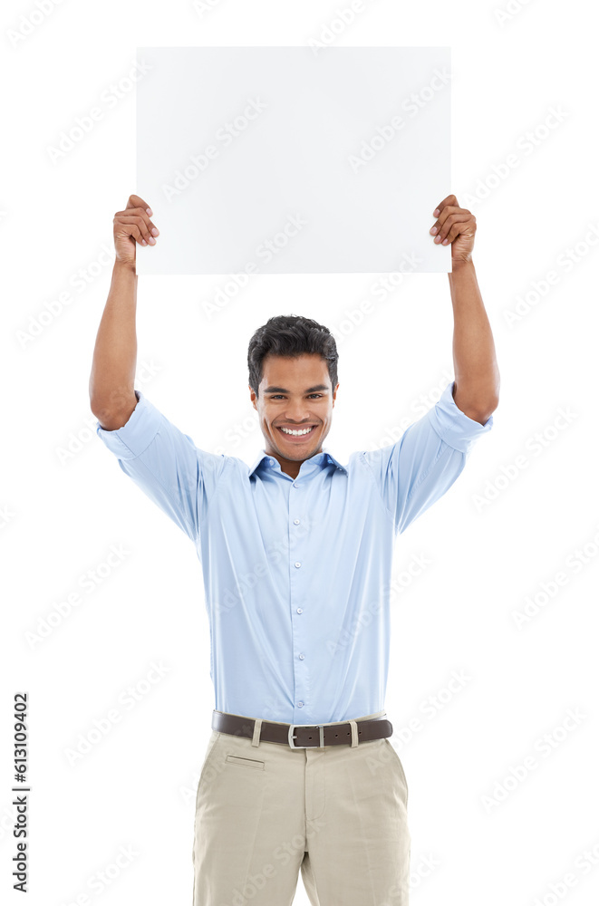 Advertising, happy and portrait of man with poster on isolated, PNG and transparent background. Marketing, branding and excited male person holding banner for announcement, information and news Advertising, happy and portrait of man with poster on isolated, PNG and transparent background. Marketing, branding and excited male person holding banner for announcement, information and news