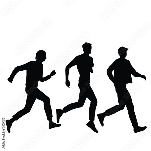 Vector silhouettes of three men running, businessmen, profile, black color, isolated on white background