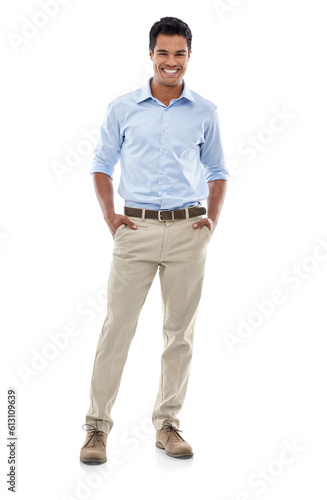 Portrait, accountant and man with hands in pocket isolated on a transparent png background. Confidence, professional auditor or happy entrepreneur from Brazil with pride for corporate business career