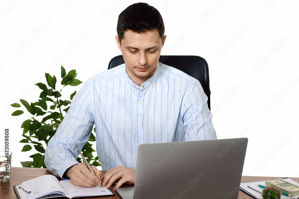 businessman taking notes, doing market research working