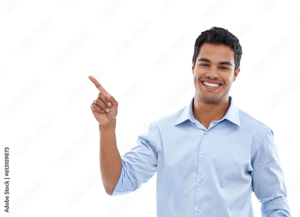 Happy portrait, business man and pointing to presentation for news, information and worker announcement or advice. Offer, advertising and face of Mexican person isolated on transparent png background Happy portrait, business man and pointing to presentation for news, information and worker announcement or advice. Offer, advertising and face of Mexican person isolated on transparent png background
