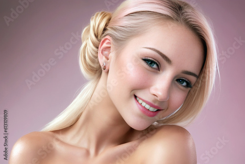 Beautiful woman blondebeauty close-up portrait on pinkbackground. Generative AI photo