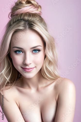 Beautiful woman blondebeauty close-up portrait on pinkbackground. Generative AI