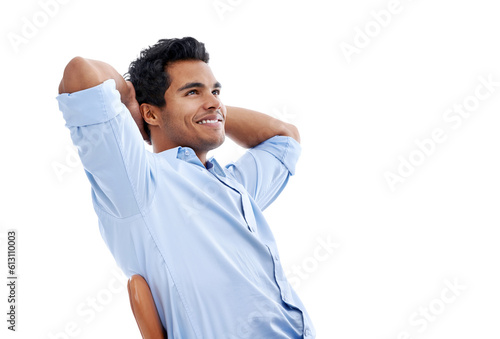 Relax, success and businessman with finished work or project with his hands behind his head. Happy, confidence and professional male person stretching his arms isolated by transparent png background. photo