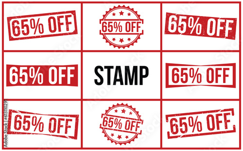 65% Off stamp red rubber stamp on white background. 65% Off stamp sign. 65% Off stamp SET.