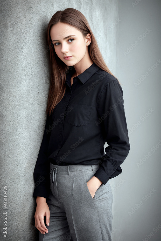 woman leaning against a wall with her hands in her pockets, elegant urban outfit. Generative AI woman leaning against a wall with her hands in her pockets, elegant urban outfit. Generative AI