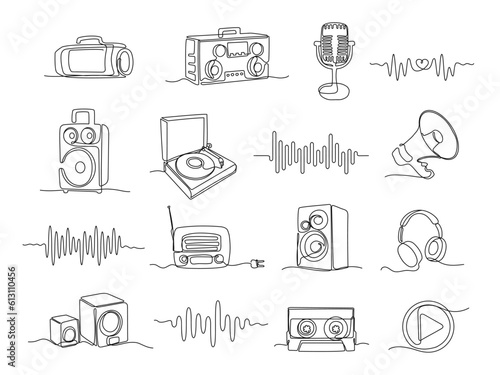 Continuous one line sound illustrations. Linear sound wave, audio players and speakers for music listening vector set
