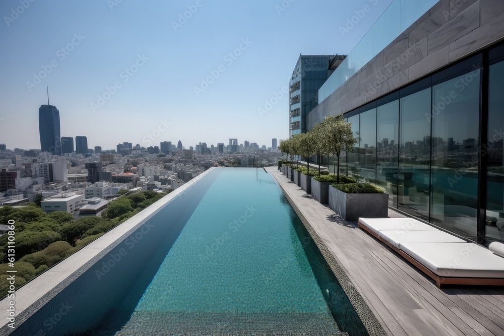City skyline with infinity pool