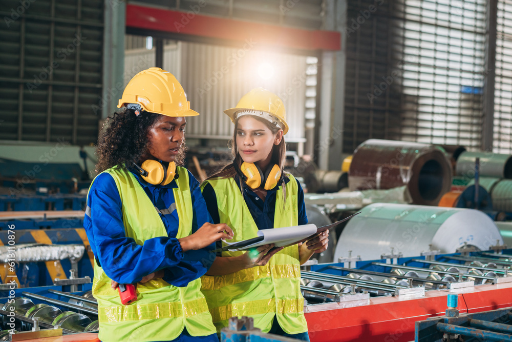 Engineers or foreman inspecting and check up machine at factory machines. Worker industry working in the metal sheet company. Engineers or foreman inspecting and check up machine at factory machines. Worker industry working in the metal sheet company.