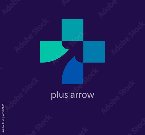 Creative plus sign inside arrow logo. Unique color transitions. Unique health goal logo template. vector