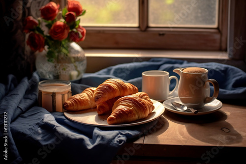 breakfast with croissant and coffee