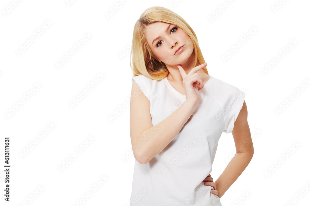 Thinking, doubt and portrait of a young woman with deciding, solution or unsure facial expression. Memory, brainstorming and female model with question face isolated by a transparent png background. Thinking, doubt and portrait of a young woman with deciding, solution or unsure facial expression. Memory, brainstorming and female model with question face isolated by a transparent png background.