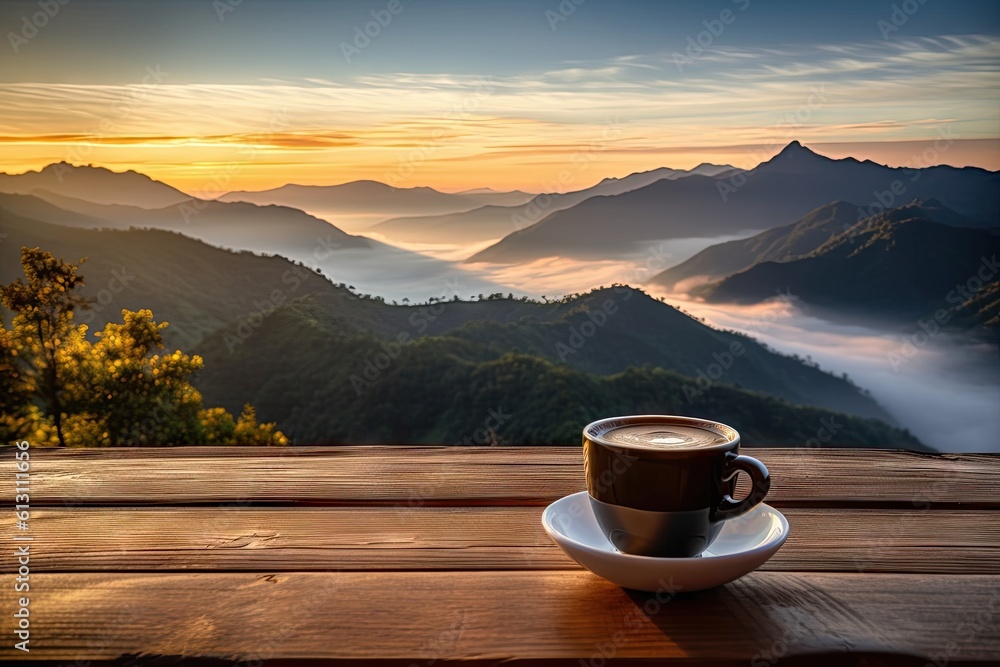 Top view serenity. Hot breakfast fresh cup of coffee on wooden table blur background Top view serenity. Hot breakfast fresh cup of coffee on wooden table blur background