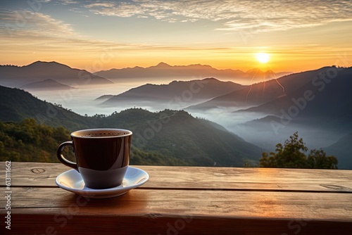 Top view serenity. Hot breakfast fresh cup of coffee on wooden table blur background