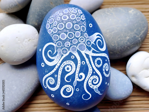 Painted round natural stones with a white octopus from circles