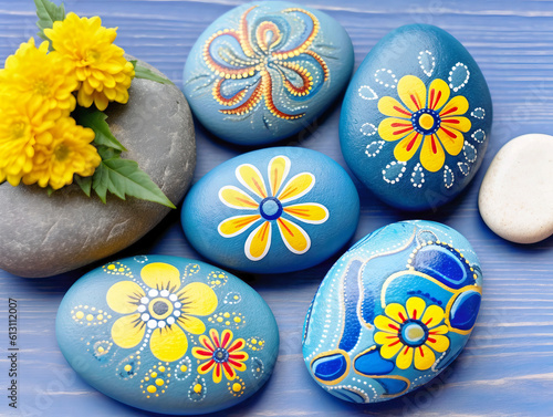 Painted round natural stones with decorated flowers