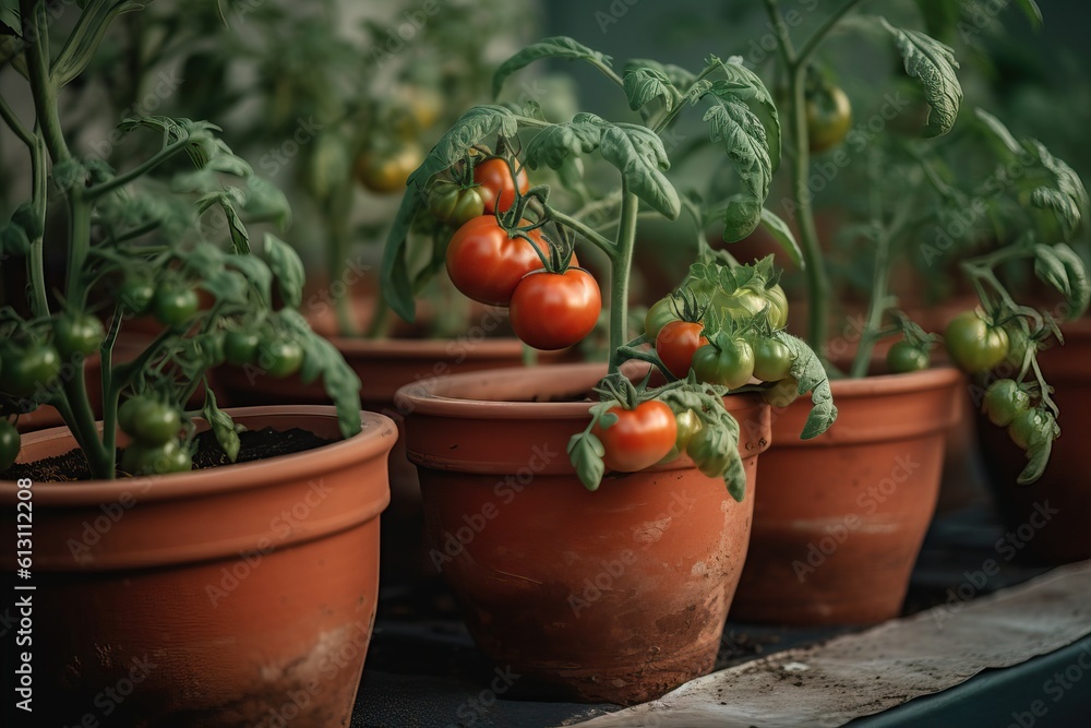 Ripe and unripe tomatoes in a pot, close-up side view. Concept of agriculture.. Generative AI Ripe and unripe tomatoes in a pot, close-up side view. Concept of agriculture.. Generative AI