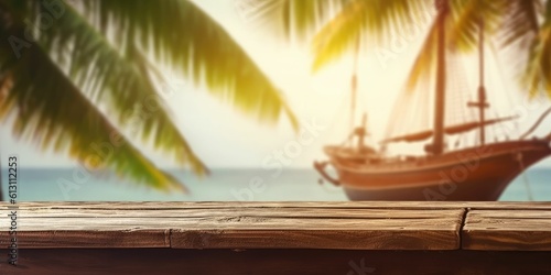 wooden table yacht , ship, harbour blur background with generative ai