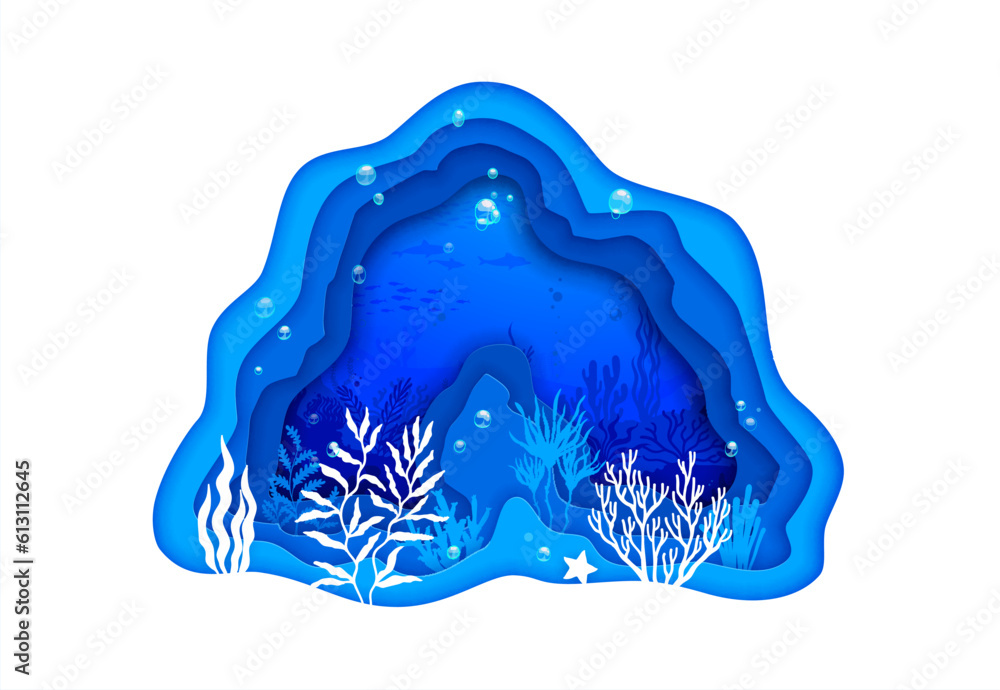 Cartoon sea paper cut underwater landscape. Aquatic bottom, underwater deep life or sea environment papercut vector concept. Sea nature 3d background with seaweed and algae on ocean bottom silhouette