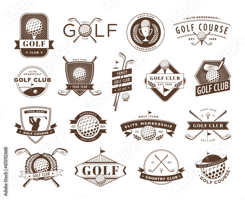 Golf club badges. Game course emblem, golf ball silhouette label and sport lifestyle vector illustration set