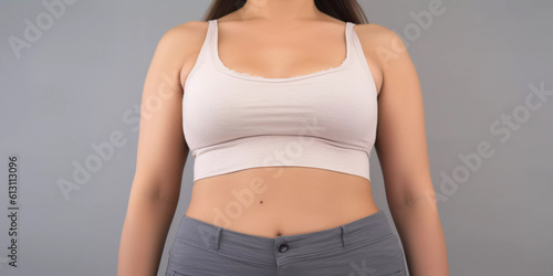 Close up of woman wearing base undergarment top, neutral color, studio, gray background, Generative AI