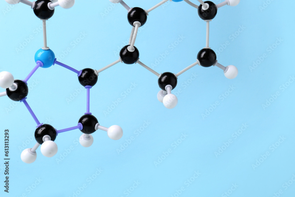 Molecule of nicotine on light blue background, closeup and space for text. Chemical model Molecule of nicotine on light blue background, closeup and space for text. Chemical model