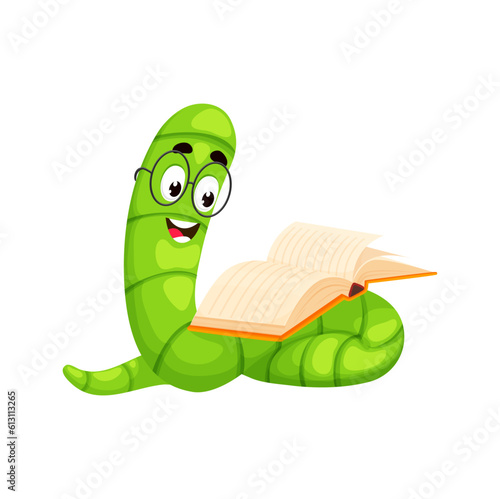 Cartoon bookworm character, book worm animal. Isolated vector cute green bug is engrossed in reading with mesmerizing expression on face. Funny caterpillar student, nerd, geek or reader personage