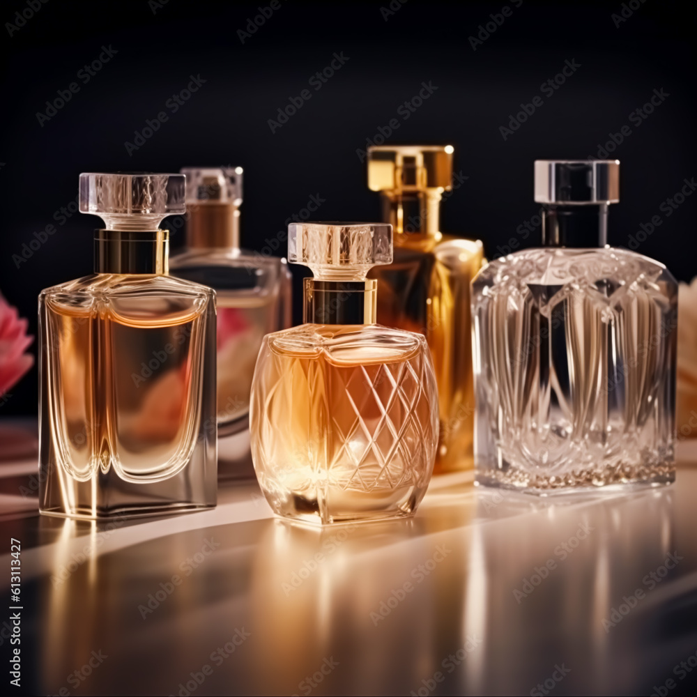 Luxury fragrance bottles at perfume scent at presentation event, bespoke perfumery and beauty product sale, generative ai - obrazy, fototapety, plakaty 