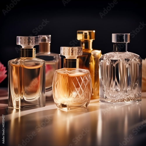 Luxury fragrance bottles at perfume scent at presentation event, bespoke perfumery and beauty product sale, generative ai
