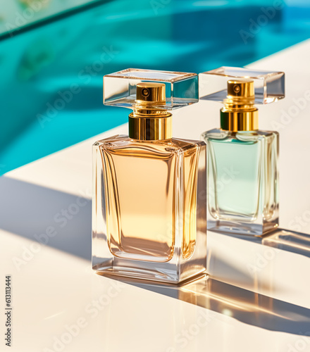 Luxury womens fragrance, bottle of perfume scent by the swimming pool in summer, bespoke perfumery and beauty product sale commercial, generative ai