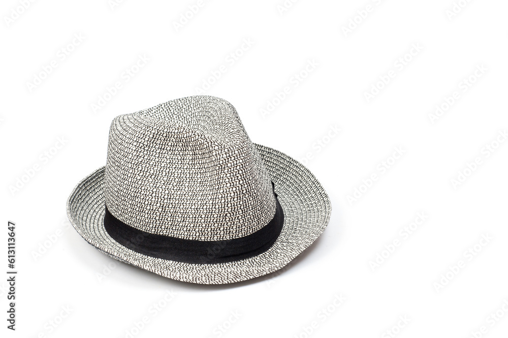 Light gray brim hat with black band, unisex, white background. Light gray brim hat with black band, unisex, white background.