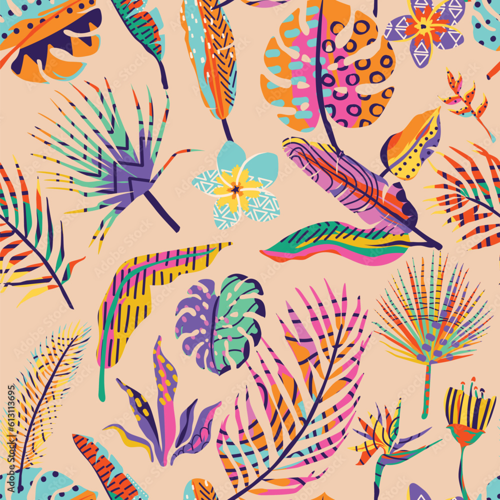 Tropic seamless vector background. Summer pattern with textured palm