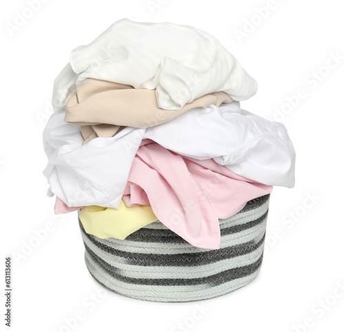 Laundry basket with clean colorful clothes isolated on white