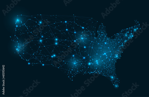 USA grid wireframe map. Connected network of states of America capitals, American internet communications and futuristic digital map vector illustration