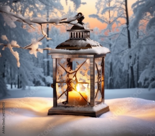 Christmas candle Lantern in winter garden, snowy evening landscape. christmas holiday background. atmosphere festive winter still life. Generative AI, generative, AI © lililia