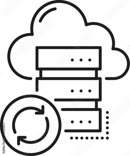 Backup. CDN. Content delivery network icon, website administration technology, media data upload service and CDN server outline vector sign or thin line pictogram with computer and cloud