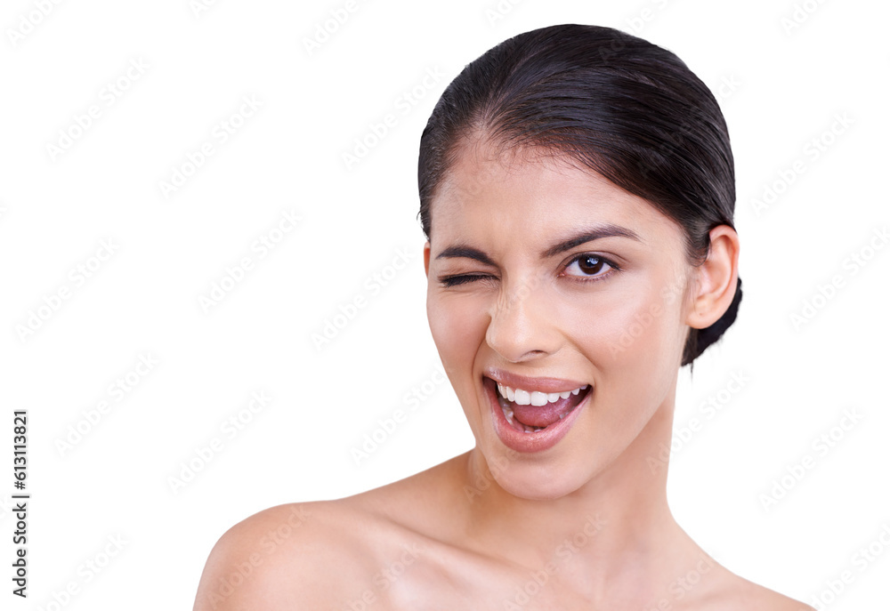 Wink, beauty and natural woman flirting due to skincare, care and isolated in a transparent or png background. Self love, cosmetic and happy young female person with smooth, glow and soft skin Wink, beauty and natural woman flirting due to skincare, care and isolated in a transparent or png background. Self love, cosmetic and happy young female person with smooth, glow and soft skin