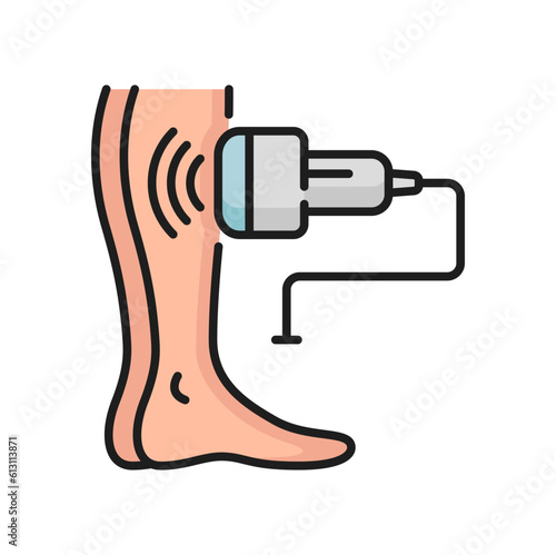 Ultrasound treatment of varicose veins isolated outline icon. Vector ultrasound of veins in legs, phlebologist and laser, diagnosis of varicose veins