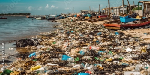 AI Generated. AI Generative. Ecology eco damage catastrophe. A lot of plastic trash garbage on beach ocean sea coast. Graphic Art