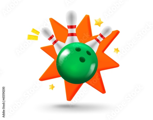 Cloud with bowling skittles and explosion effect. 3d vector illustration