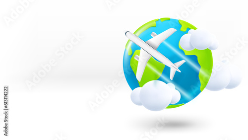 The Earth with modern aircraft. 3d vector banner with copy space