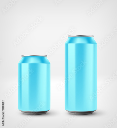 Light blue aluminium cans mockup isolated on white background. 3d vector illustration