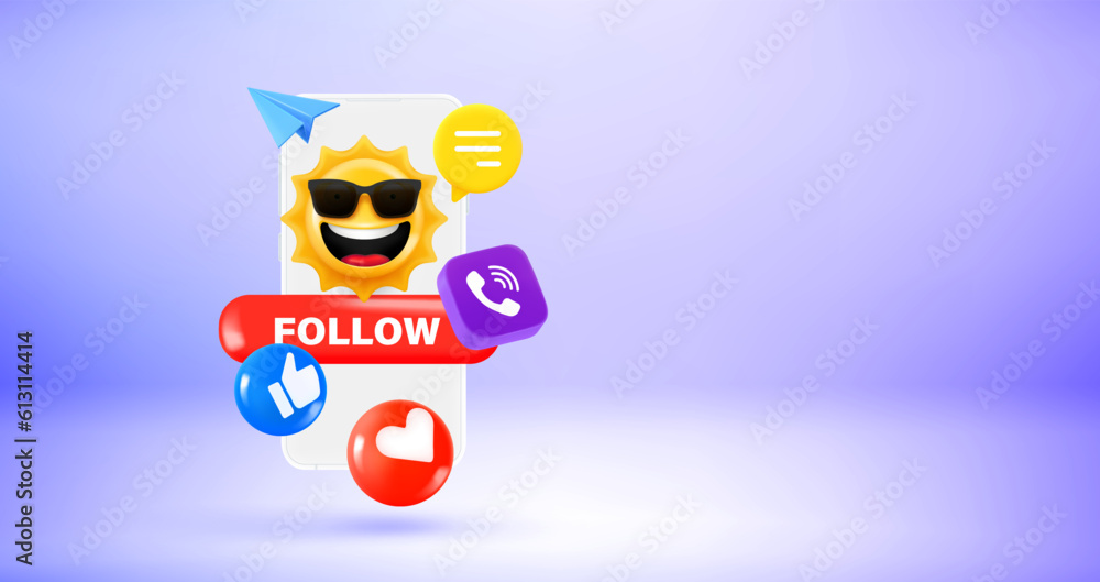 Man holding smartphone with Social media icons and emoji. Vector 3d banner with copy space
Man holding smartphone with Social media icons and emoji. Vector 3d banner with copy space