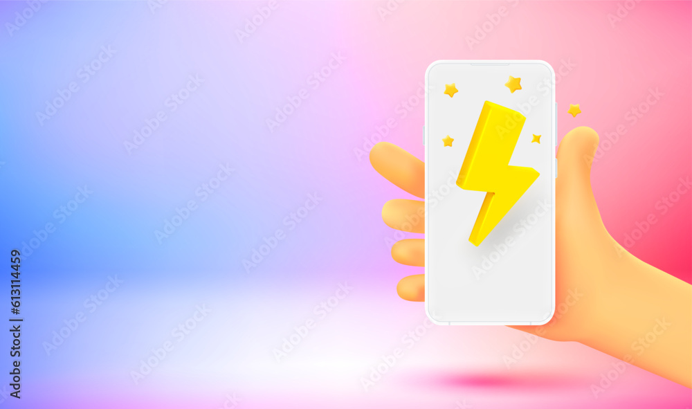 Comic hand with smartphone and bolt icon. 3d vector banner with copy space
Comic hand with smartphone and bolt icon. 3d vector banner with copy space