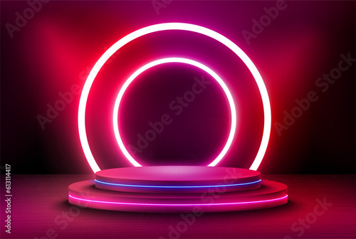 Interior with stage and shining projectors and neon. 3d vector illustration