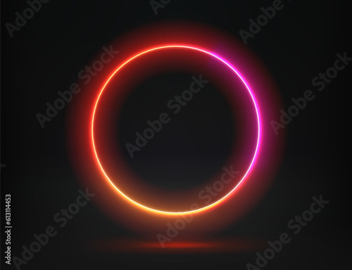 Abstract studio with glowing circle frame of neon light. 3d vector illustration